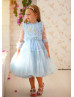 Beaded Baby Blue Lace Tulle Tea Length Flower Girl Dress